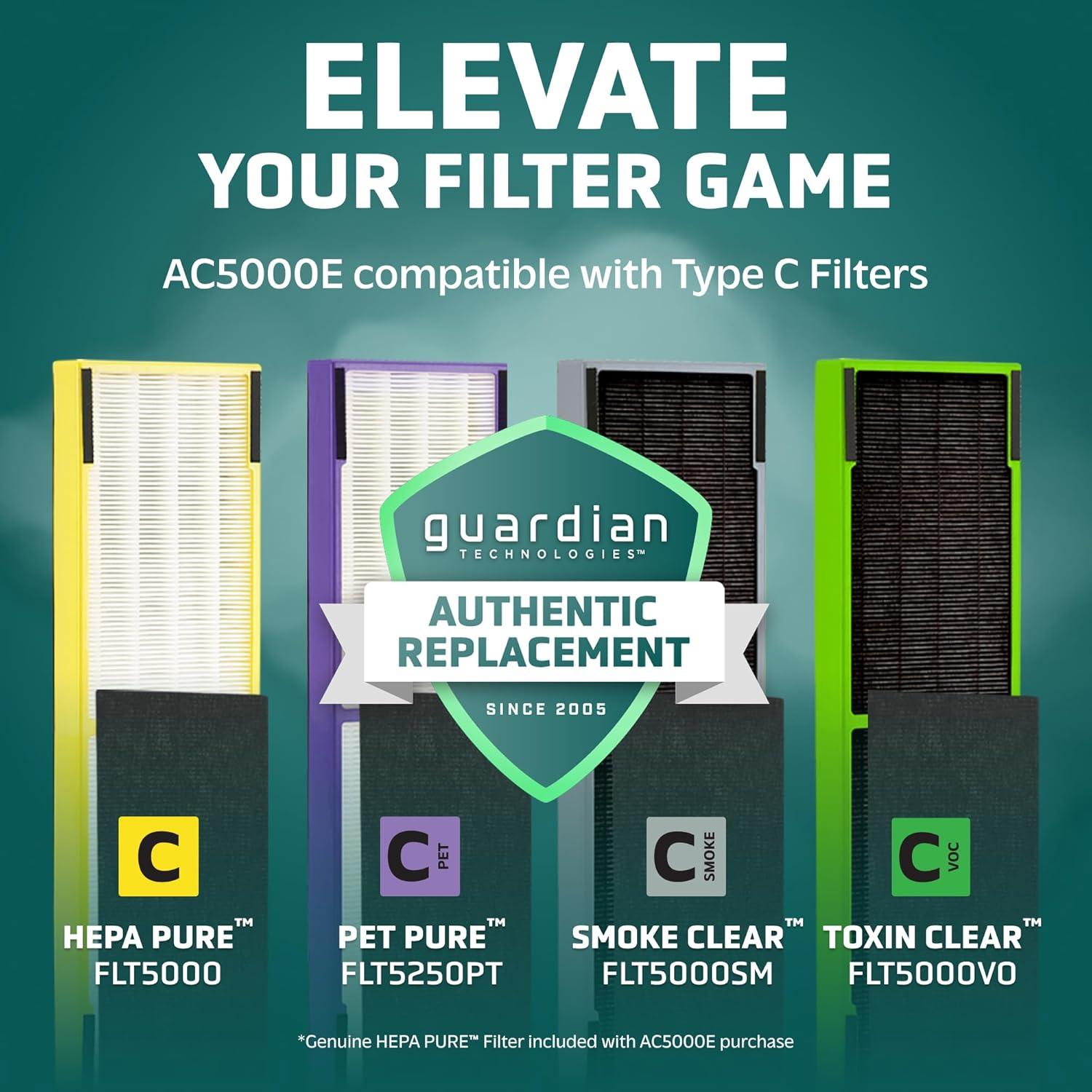 image:imageGermGuardian 5In1 HEPA Air Purifier for Home Large Rooms Up To 915 Sq Ft with HEPA Pet Air Filter UVC Light amp Odor Reduction AC5250PT 28 Tower GrayAC5000E