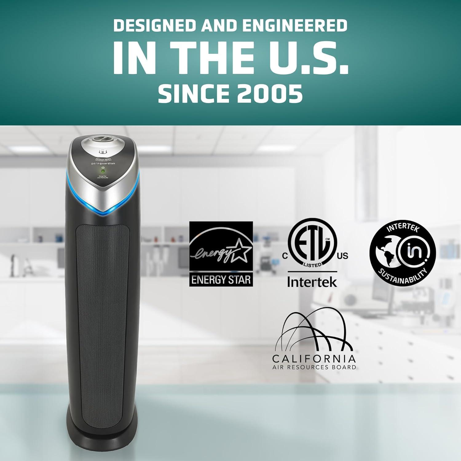 image:imageGermGuardian 5In1 HEPA Air Purifier for Home Large Rooms Up To 915 Sq Ft with HEPA Pet Air Filter UVC Light amp Odor Reduction AC5250PT 28 Tower GrayAC5000E