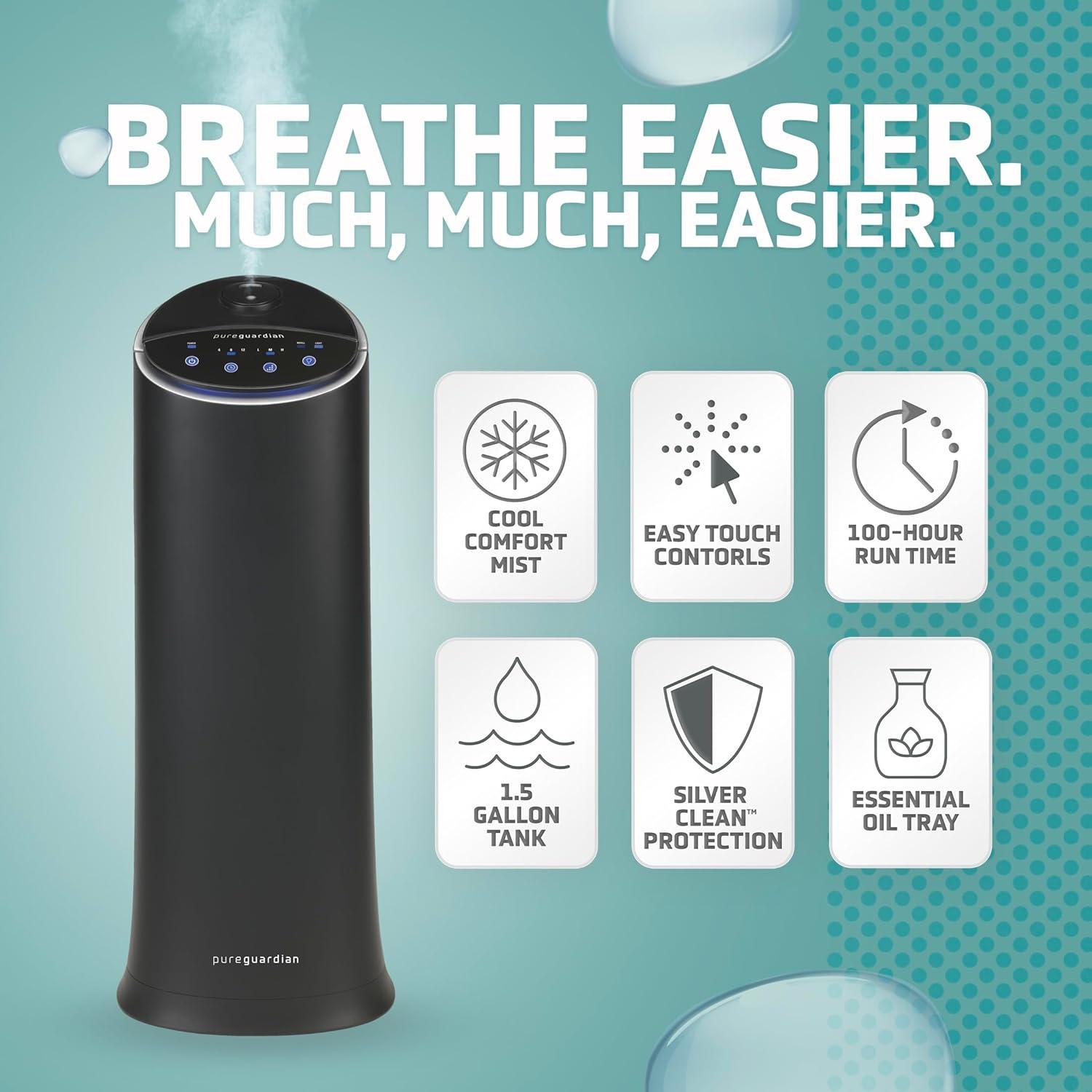 image:imagePure Guardian Ultrasonic Cool Mist Humidifier 100 Hour Run Time 15 Gallon Tank 440 Sq Ft Coverage Medium Rooms Quiet Filter Free Black H3200BARBlack