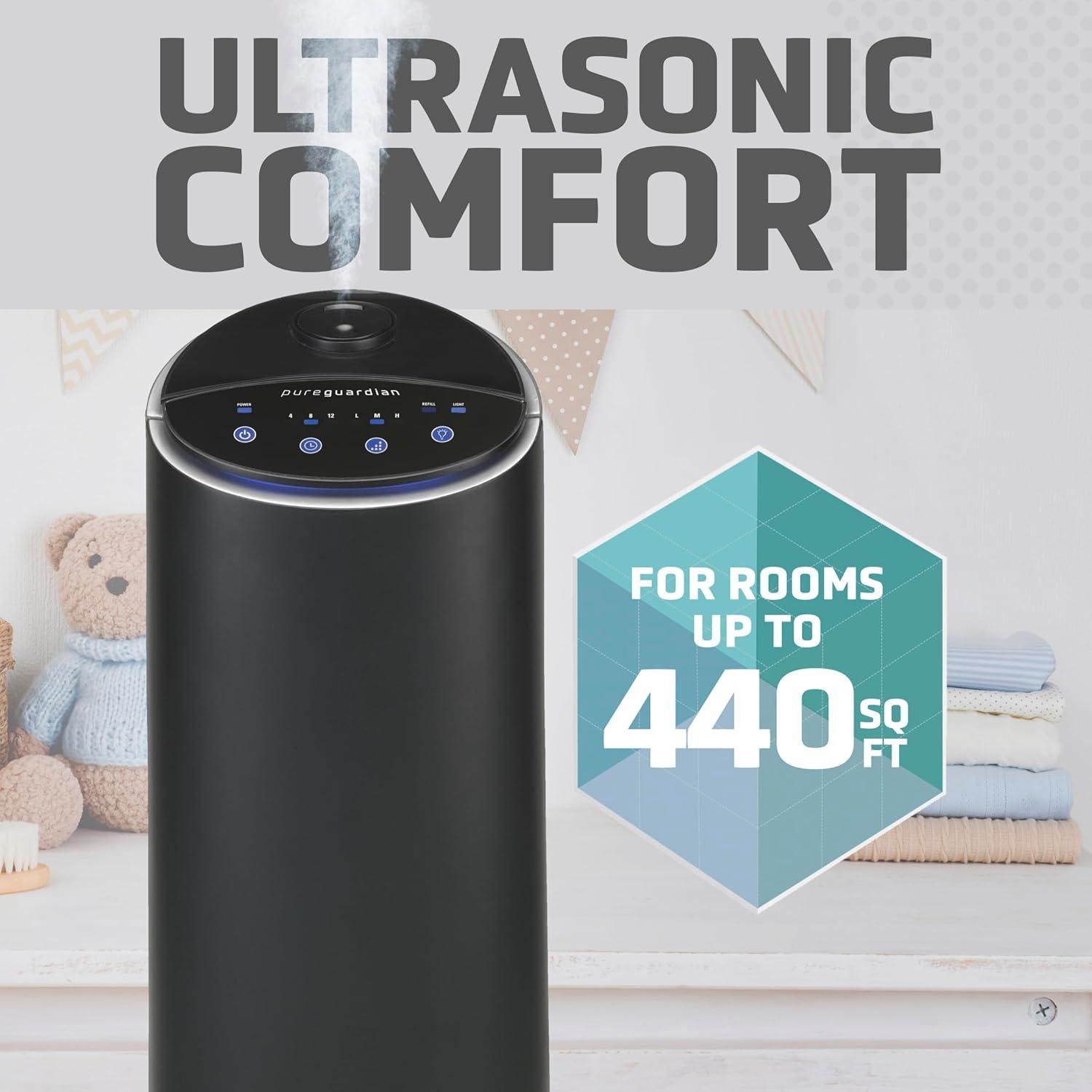 image:imagePure Guardian Ultrasonic Cool Mist Humidifier 100 Hour Run Time 15 Gallon Tank 440 Sq Ft Coverage Medium Rooms Quiet Filter Free Black H3200BARBlack