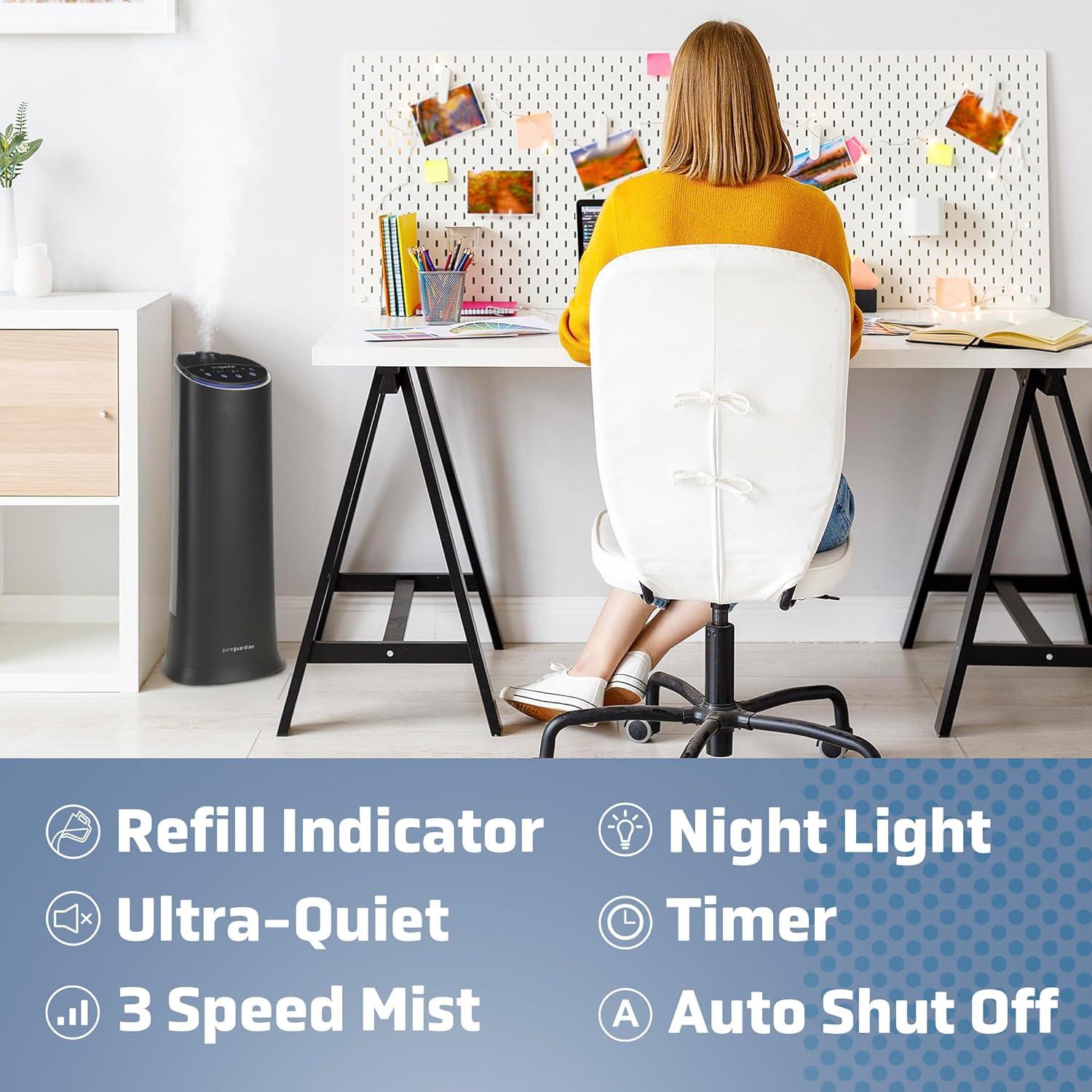 image:imagePure Guardian Ultrasonic Cool Mist Humidifier 100 Hour Run Time 15 Gallon Tank 440 Sq Ft Coverage Medium Rooms Quiet Filter Free Black H3200BARBlack