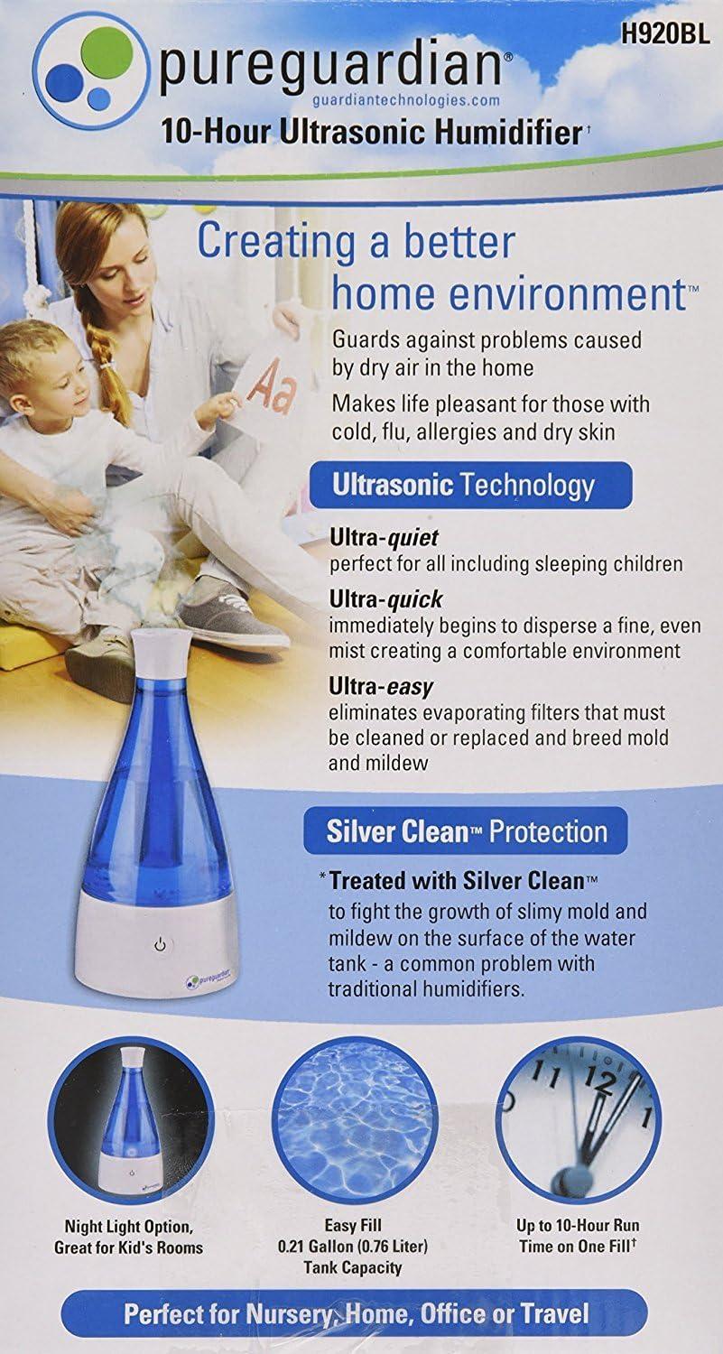 image:imagePureGuardian Ultrasonic Cool Mist Humidifier 10 Hrs Run Time 210 Sq Ft Coverage Small Rooms Quiet Filter Free H920BL1 Count Pack of 1