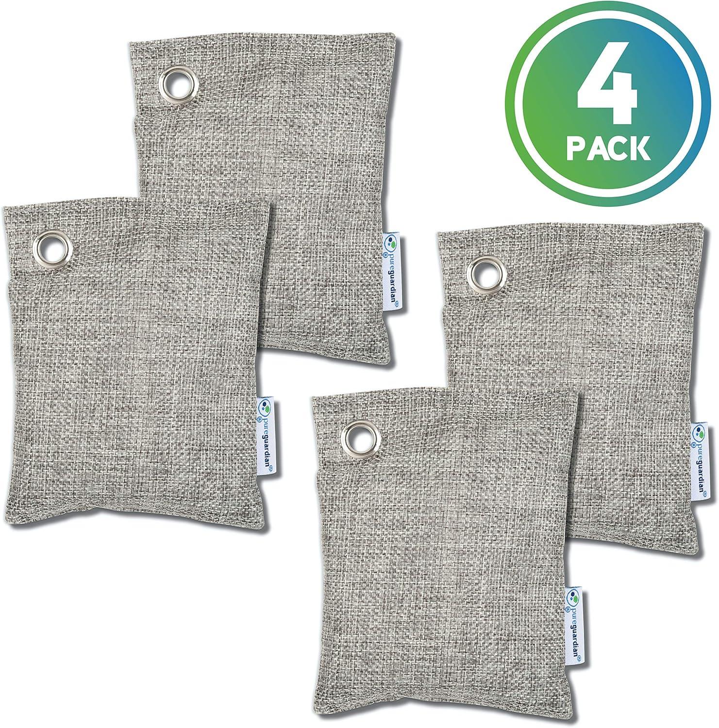 image:imagePureGuardian CB100 Bamboo Charcoal Air Purifying Bag EcoFriendly Naturally Absorbs Odors Excess Moisture and Pollutants 100g 4Pack GrayCB1004PK