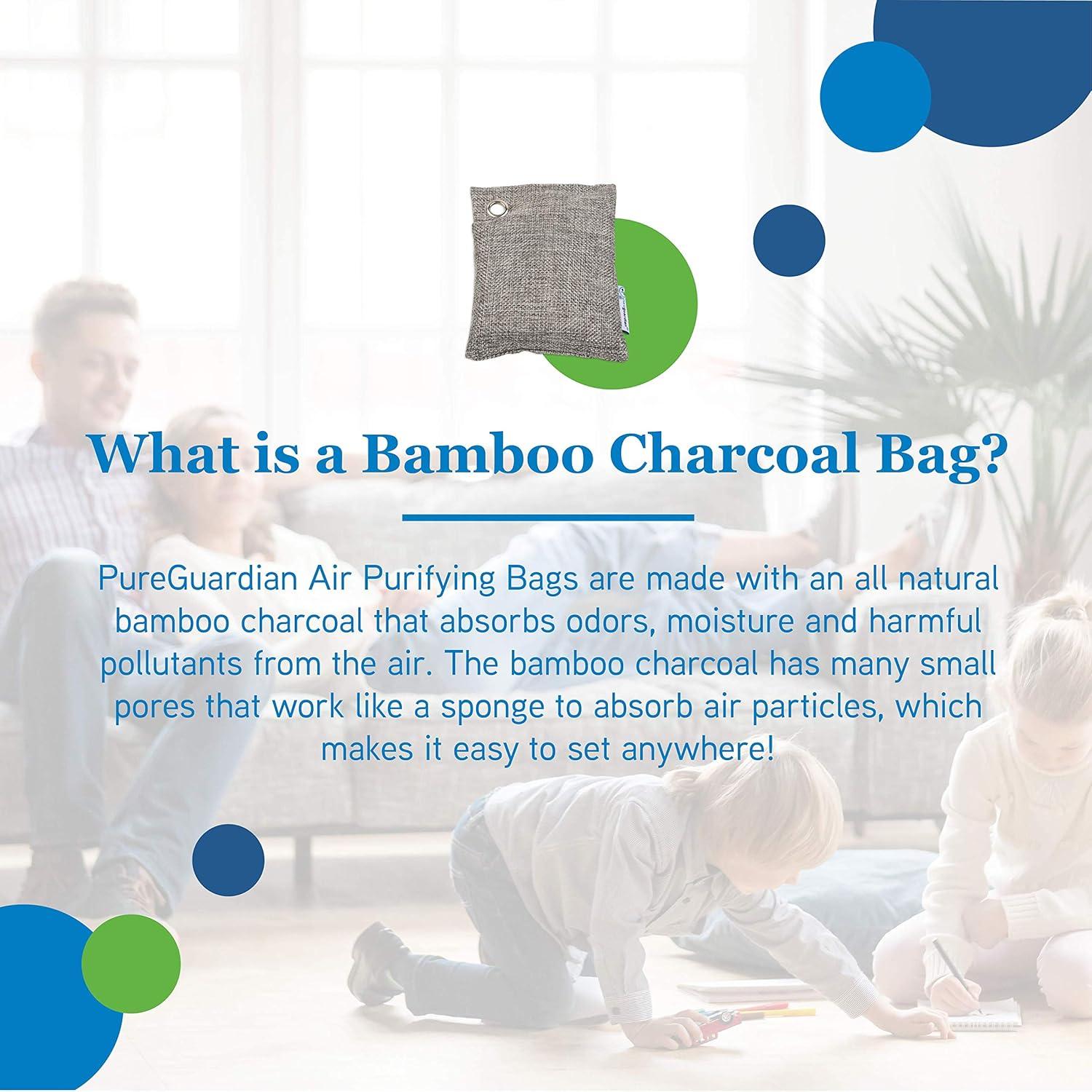 image:imagePureGuardian CB100 Bamboo Charcoal Air Purifying Bag EcoFriendly Naturally Absorbs Odors Excess Moisture and Pollutants 100g 4Pack GrayCB1004PK