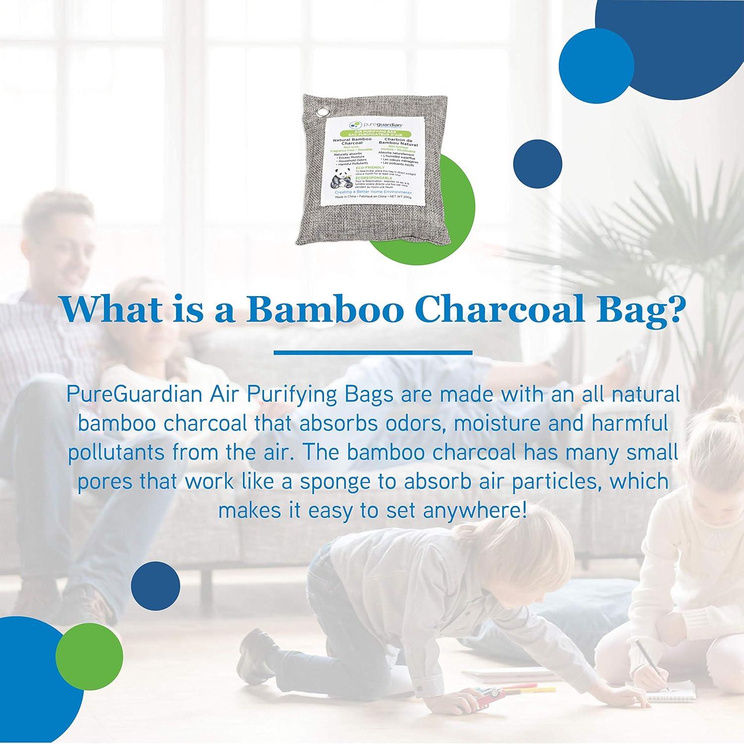 image:imagePureGuardian CB200 Bamboo Charcoal Air Purifying Bag EcoFriendly Naturally Absorbs Odors Excess Moisture and Pollutants 200g 4Pack GrayCB2006PK