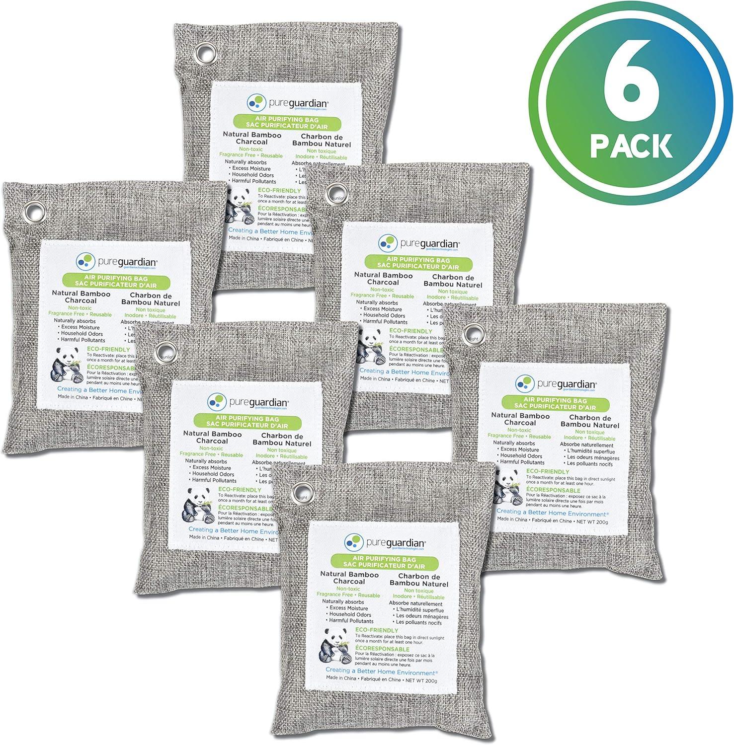 image:imagePureGuardian CB200 Bamboo Charcoal Air Purifying Bag EcoFriendly Naturally Absorbs Odors Excess Moisture and Pollutants 200g 4Pack GrayCB2006PK