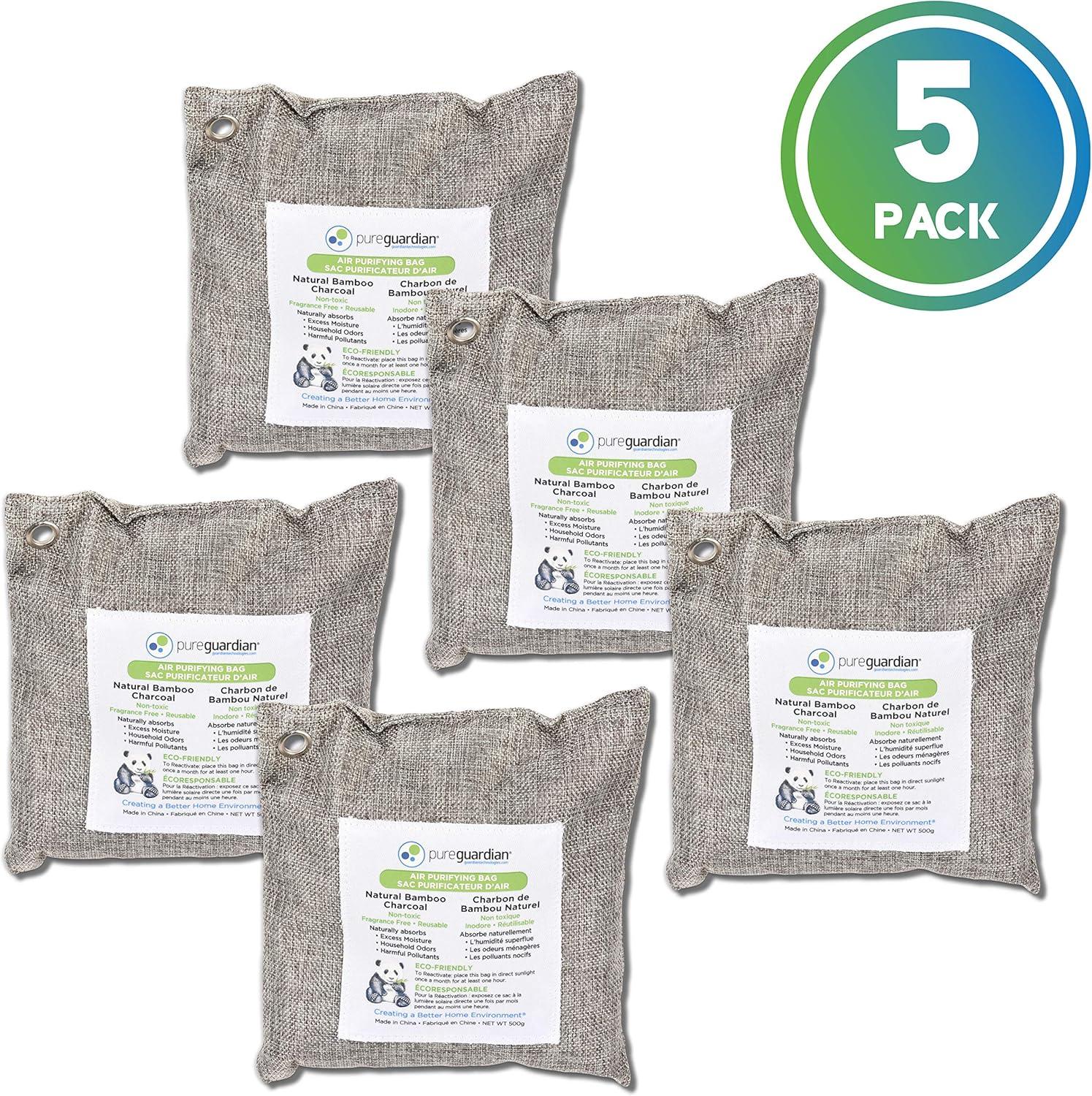 image:imagePureGuardian CB500 Bamboo Charcoal Air Purifying Bag EcoFriendly Naturally Absorbs Odors Excess Moisture and Pollutants 500g 2Pack GrayCB5005PK