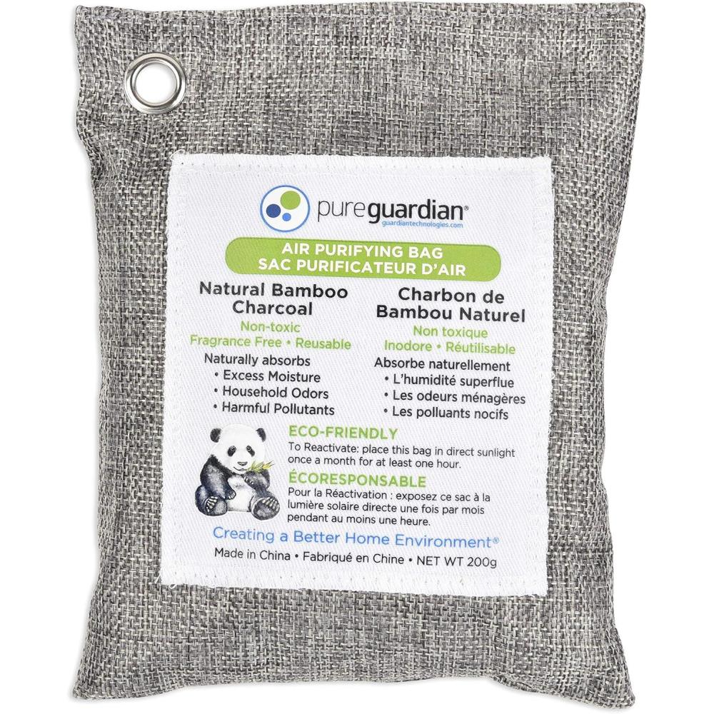 image:imagePureGuardian CB200 Bamboo Charcoal Air Purifying Bag EcoFriendly Naturally Absorbs Odors Excess Moisture and Pollutants 200g 4Pack GrayCB200