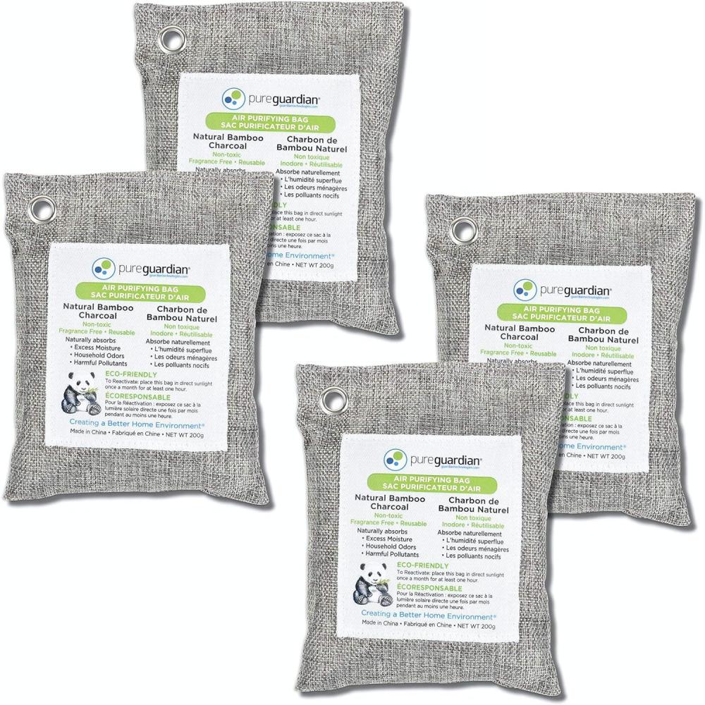 image:imagePureGuardian CB200 Bamboo Charcoal Air Purifying Bag EcoFriendly Naturally Absorbs Odors Excess Moisture and Pollutants 200g 4Pack GrayCB2004PK