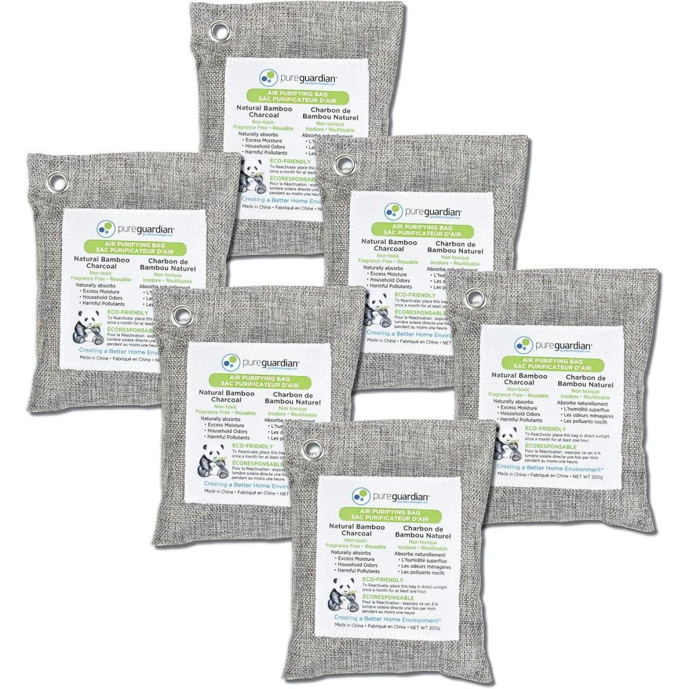 image:imagePureGuardian CB200 Bamboo Charcoal Air Purifying Bag EcoFriendly Naturally Absorbs Odors Excess Moisture and Pollutants 200g 4Pack GrayCB2006PK