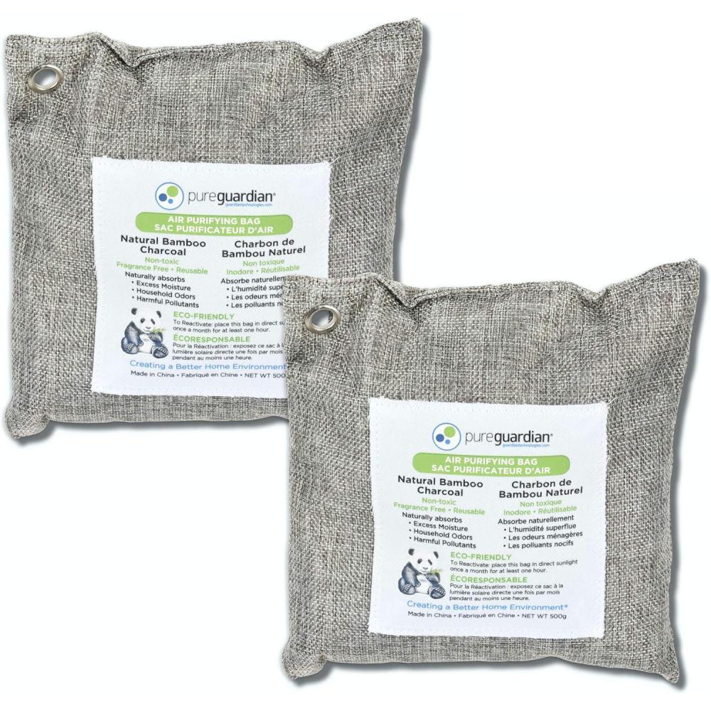 image:imagePureGuardian CB500 Bamboo Charcoal Air Purifying Bag EcoFriendly Naturally Absorbs Odors Excess Moisture and Pollutants 500g 2Pack GrayCB5002PK