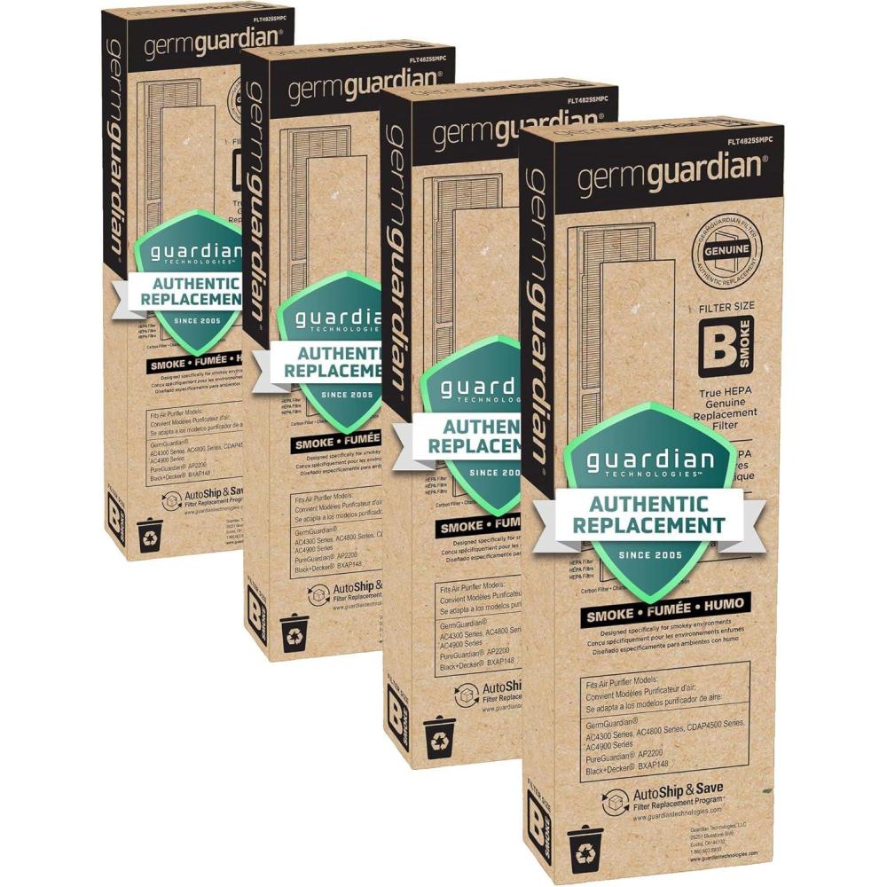 image:imageGermGuardian Air Filter B Genuine Smoke Clear HEPA Replacement Air Purifier Filter Wildfire Smoke Removes 9997 of Pollutants Smoke Toxins for AC4825 AC4300 AC4880 AC4900 CDAP4500 FLT4825SM48 x 158 x 13 Pack of 4