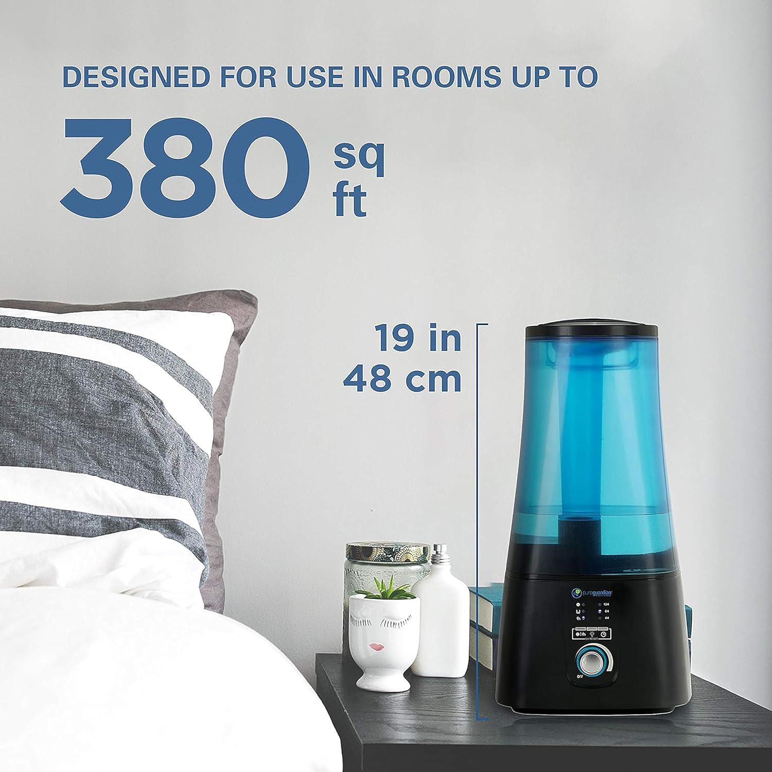 image:imagePureGuardian 2Gallon Ultrasonic Warm and Cool Mist Humidifier with UVC Aromatherapy Tray 100 Hours Run Time Covers 380 Sq Ft Quiet Filter Free BlueBlack H5450BCA