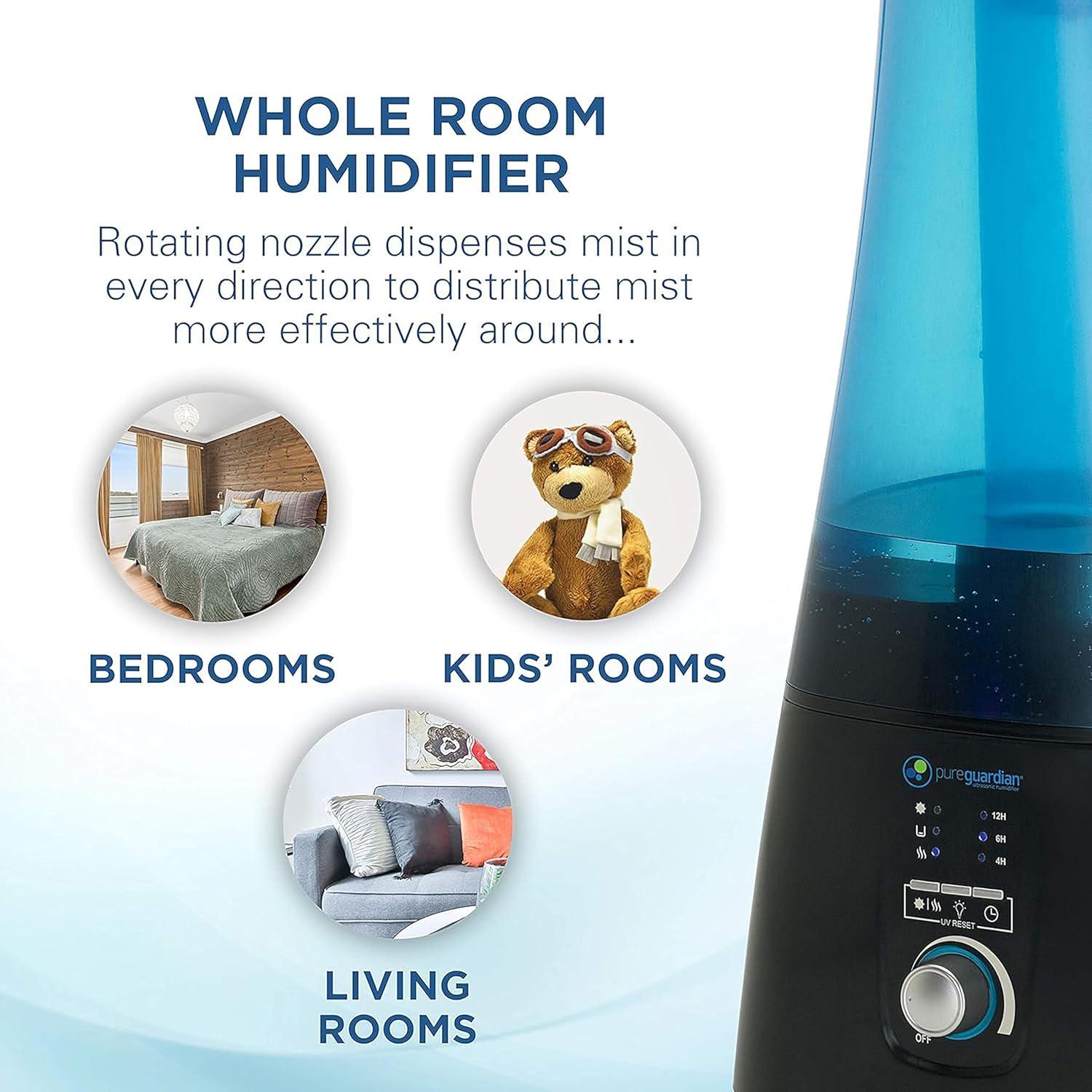image:imagePureGuardian 2Gallon Ultrasonic Warm and Cool Mist Humidifier with UVC Aromatherapy Tray 100 Hours Run Time Covers 380 Sq Ft Quiet Filter Free BlueBlack H5450BCA
